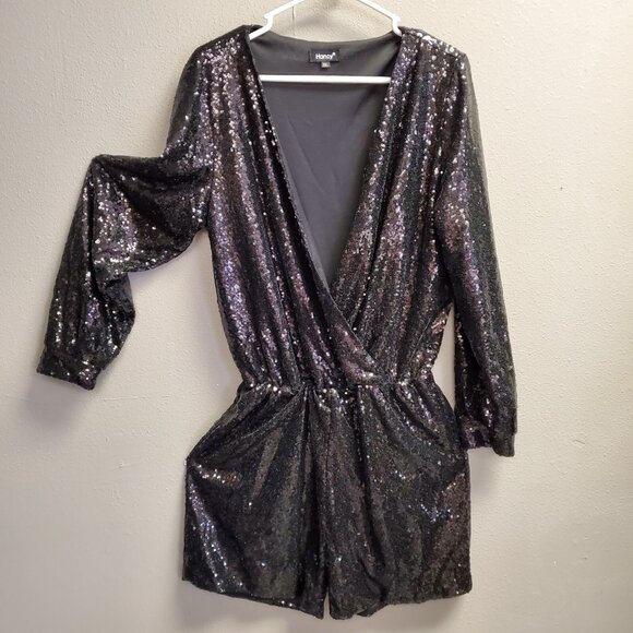 Hancy Romper Women Size XXL Black Sequins Shiny Wrap Look Elastic Waste Comfort - Picture 1 of 12